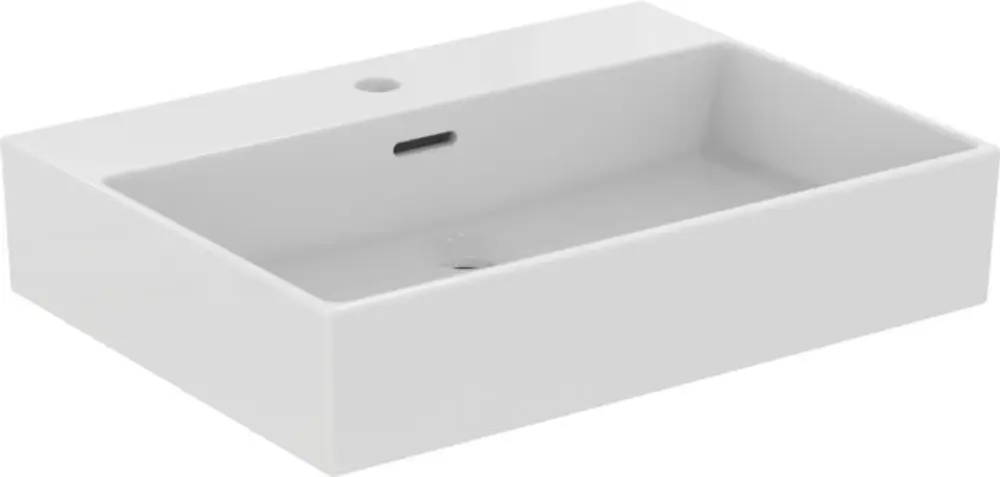 Waschtisch von Ideal Standard in Weiß, rechteckige Form mit einfacher Ablauföffnung und hinterlüftetem Wasserhahnloch.